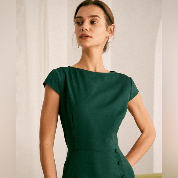 NWT RIHOAS The Green Boat Neck Cutout Back Midi Dress Sz L - Picture 2 of 7